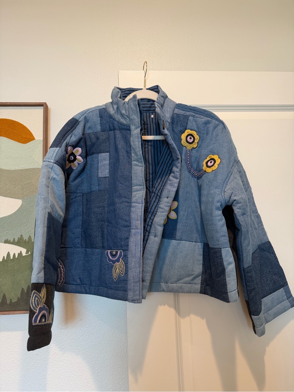 Kimchi blue (urban outfitters)Patchwork Blue Denim Jacket with Floral Embroidery